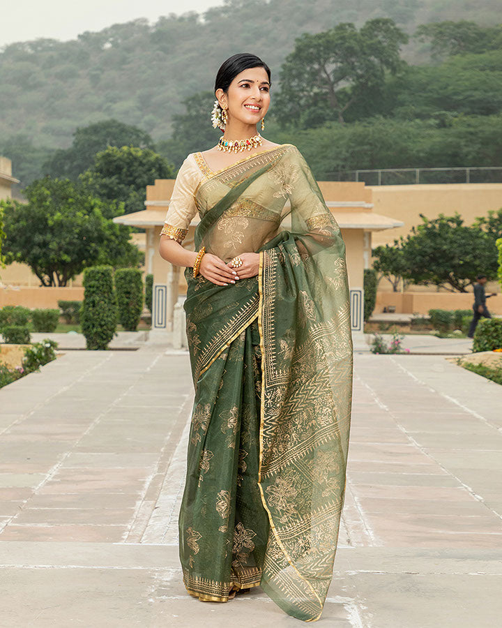 Olive Green Gold Foil Organza Saree