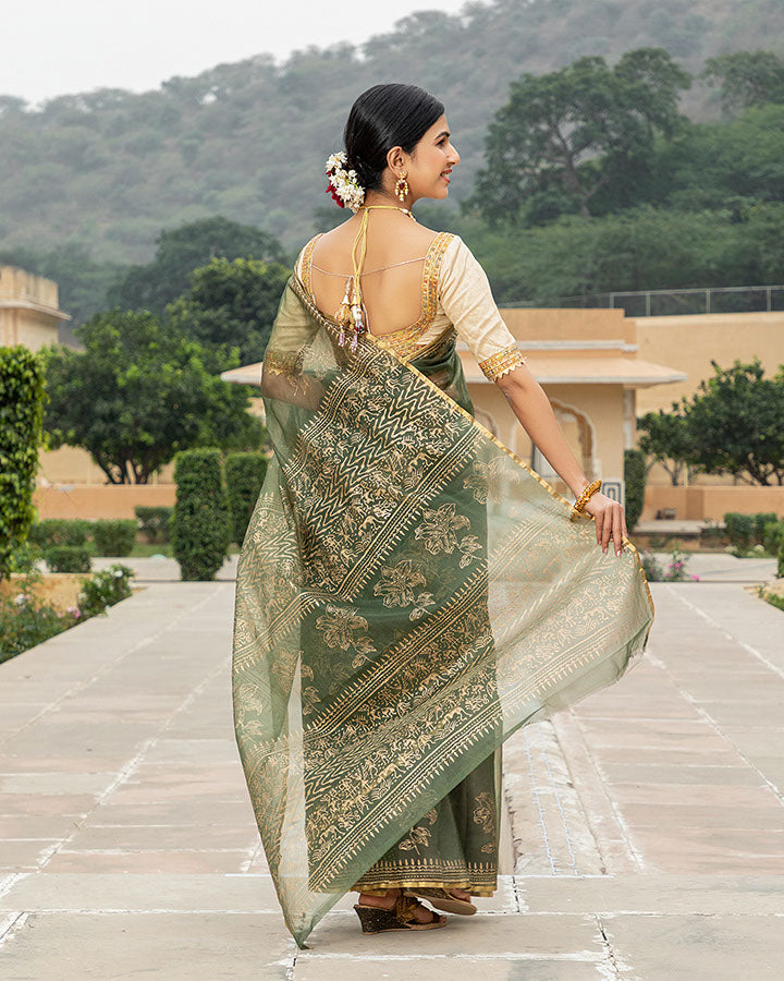 Olive Green Gold Foil Organza Saree