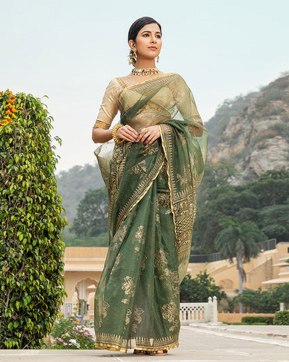 Olive Green Gold Foil Organza Saree