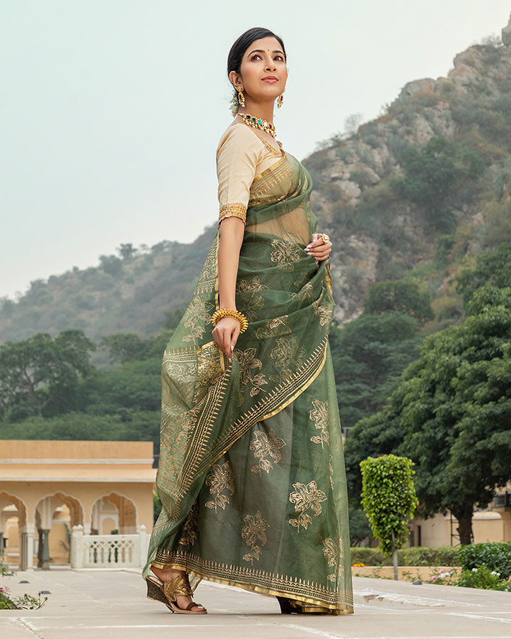 Olive Green Gold Foil Organza Saree