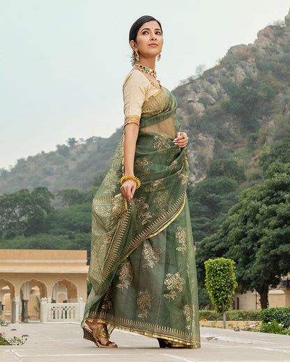 Olive Green Gold Foil Organza Saree