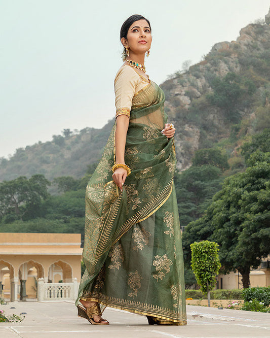 Olive Green Gold Foil Organza Saree