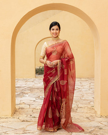 Red Gold Foil Organza Saree