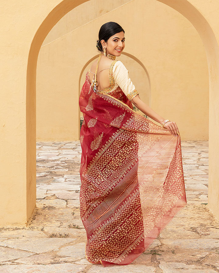 Red Gold Foil Organza Saree