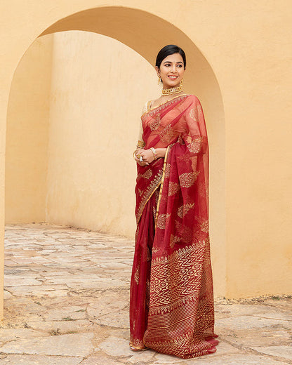 Red Gold Foil Organza Saree