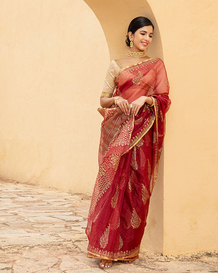 Red Gold Foil Organza Saree