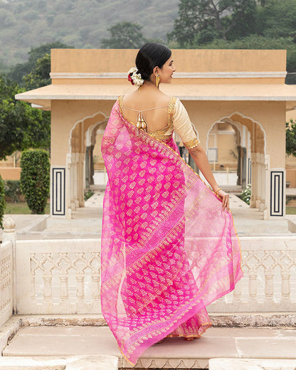 Pink Gold Foil Organza Saree