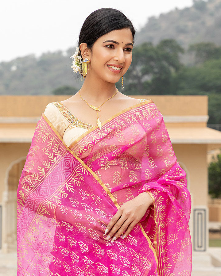 Pink Gold Foil Organza Saree