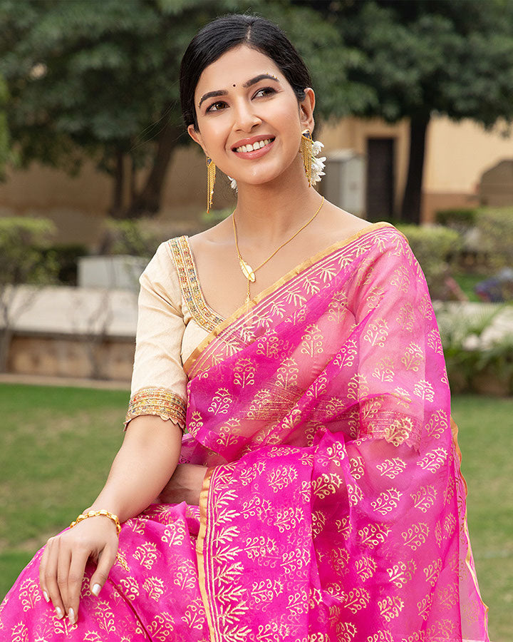 Pink Gold Foil Organza Saree