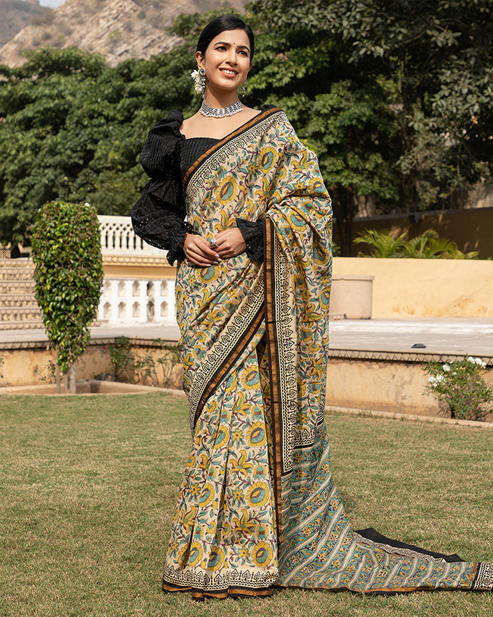 Blue Floral Chanderi Saree