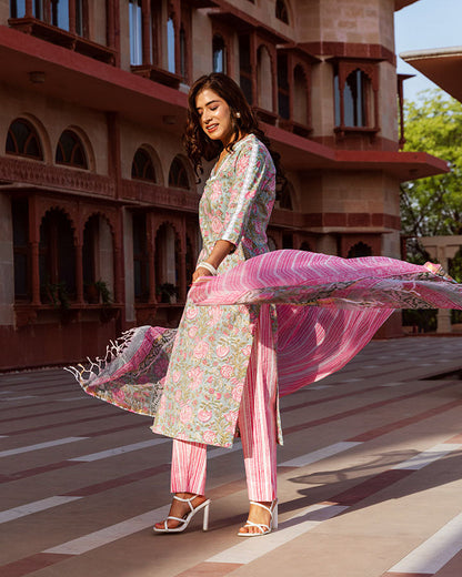 Pink Anaar Floral Block Suit Set