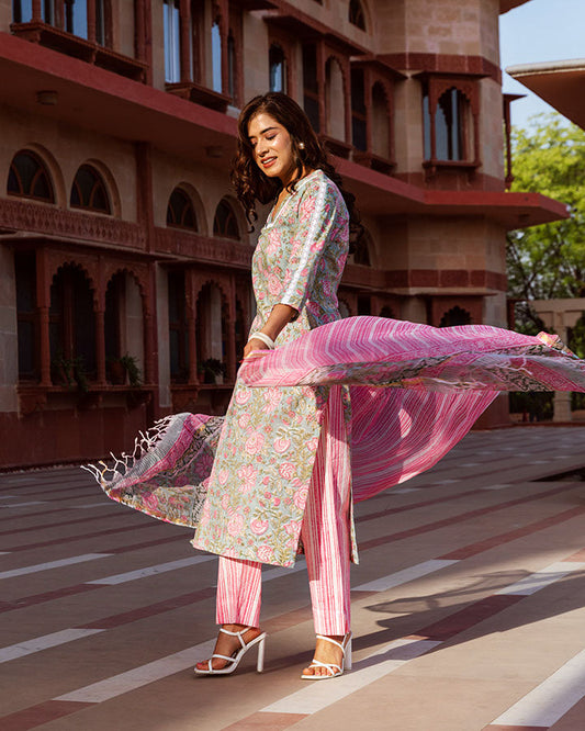 Pink Anaar Floral Block Suit Set