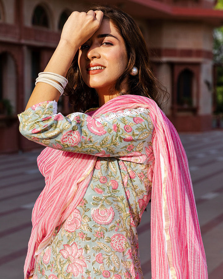 Pink Anaar Floral Block Suit Set