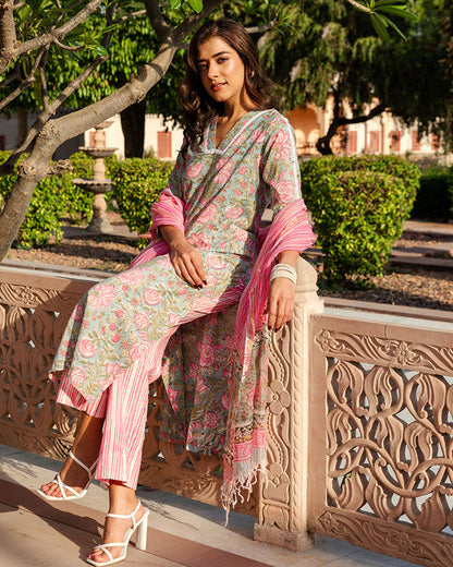 Pink Anaar Floral Block Suit Set