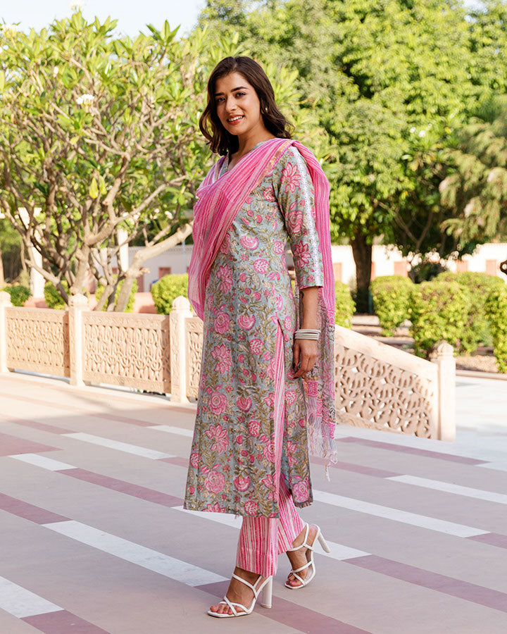Pink Anaar Floral Block Suit Set