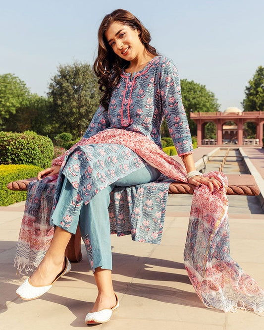 Pink Blossom Blue Block Suit