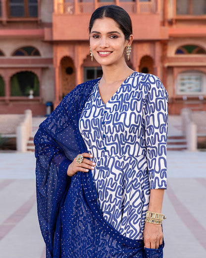 Blue Abstract Muslin Suit Set
