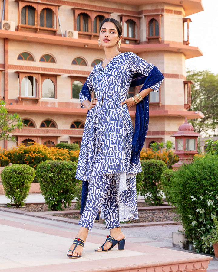 Blue Abstract Muslin Suit Set