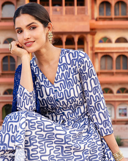 Blue Abstract Muslin Suit Set