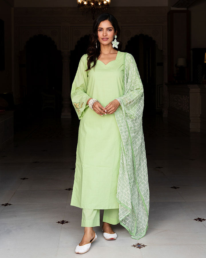 Green Flower Embroidered Suit Set