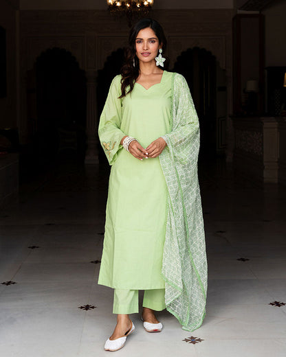 Green Flower Embroidered Suit Set