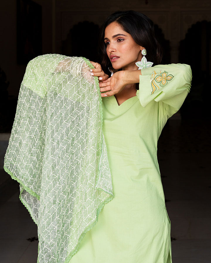 Green Flower Embroidered Suit Set