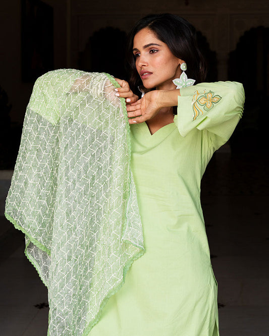 Green Flower Embroidered Suit Set
