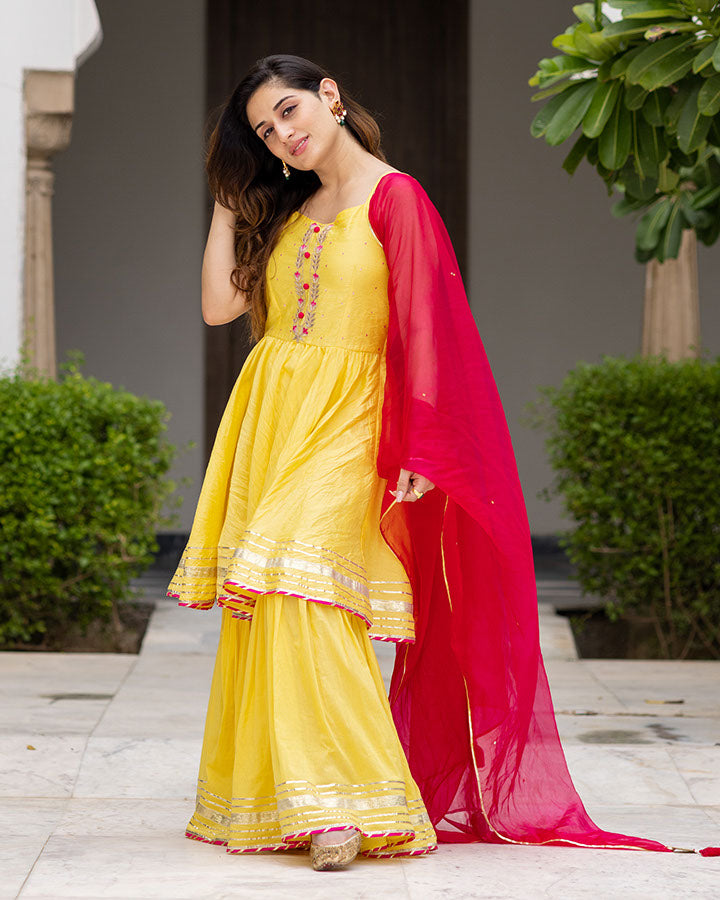 Sunheri Chanderi Sharara Set