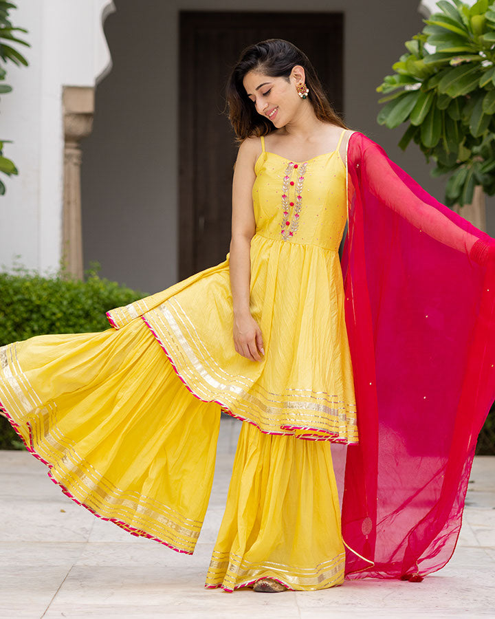 Sunheri Chanderi Sharara Set