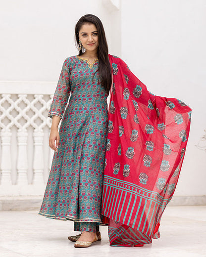Green Floral Chanderi Suit Set