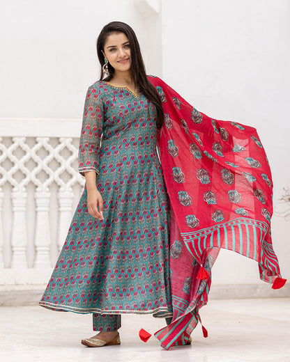 Green Floral Chanderi Suit Set