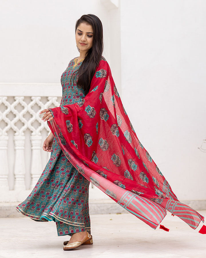 Green Floral Chanderi Suit Set
