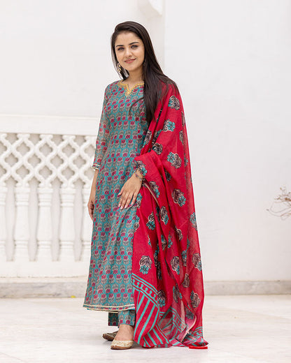 Green Floral Chanderi Suit Set