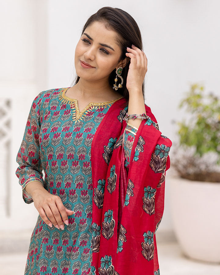 Green Floral Chanderi Suit Set