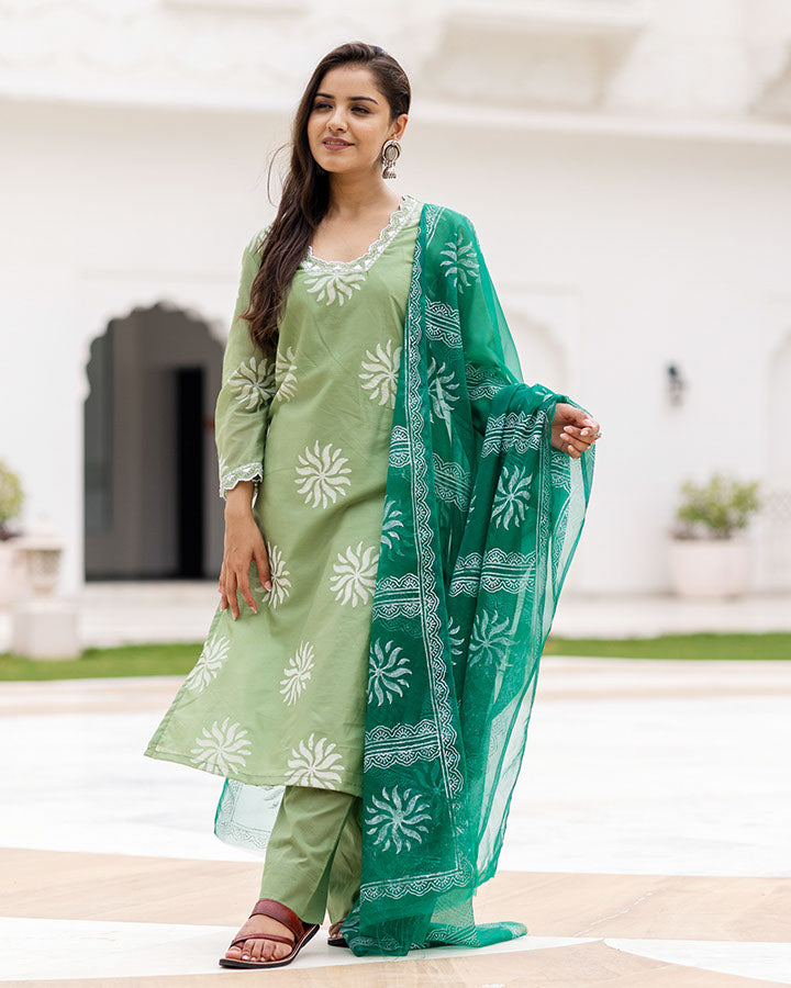 Green Chanderi Block Suit Set