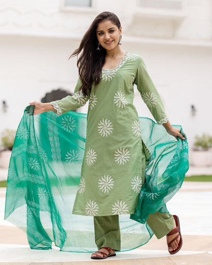 Green Chanderi Block Suit Set