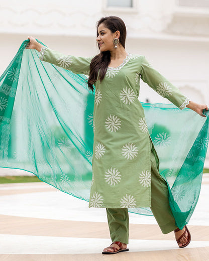 Green Chanderi Block Suit Set