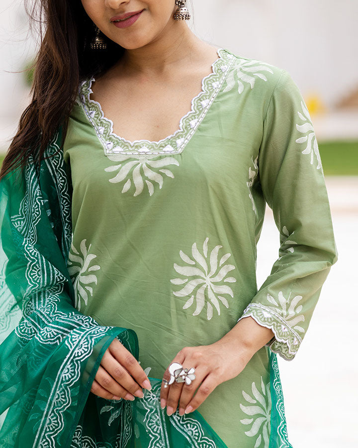 Green Chanderi Block Suit Set