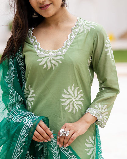 Green Chanderi Block Suit Set