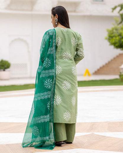 Green Chanderi Block Suit Set