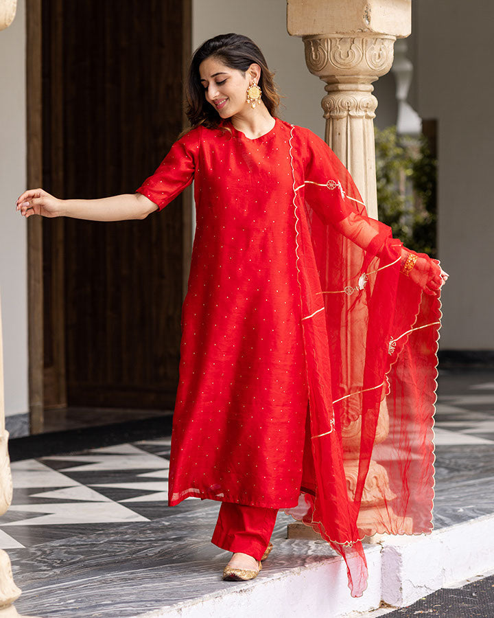 Red Mukaish Chanderi Suit Set