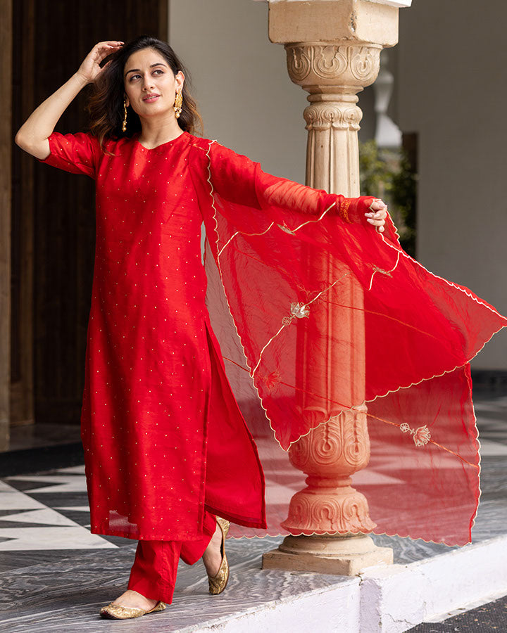 Red Mukaish Chanderi Suit Set