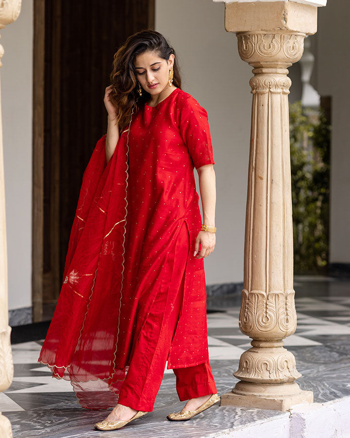 Red Mukaish Chanderi Suit Set
