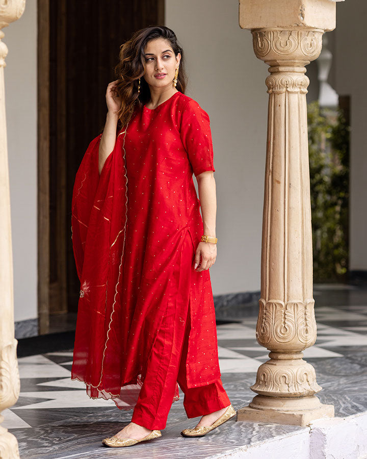 Red Mukaish Chanderi Suit Set