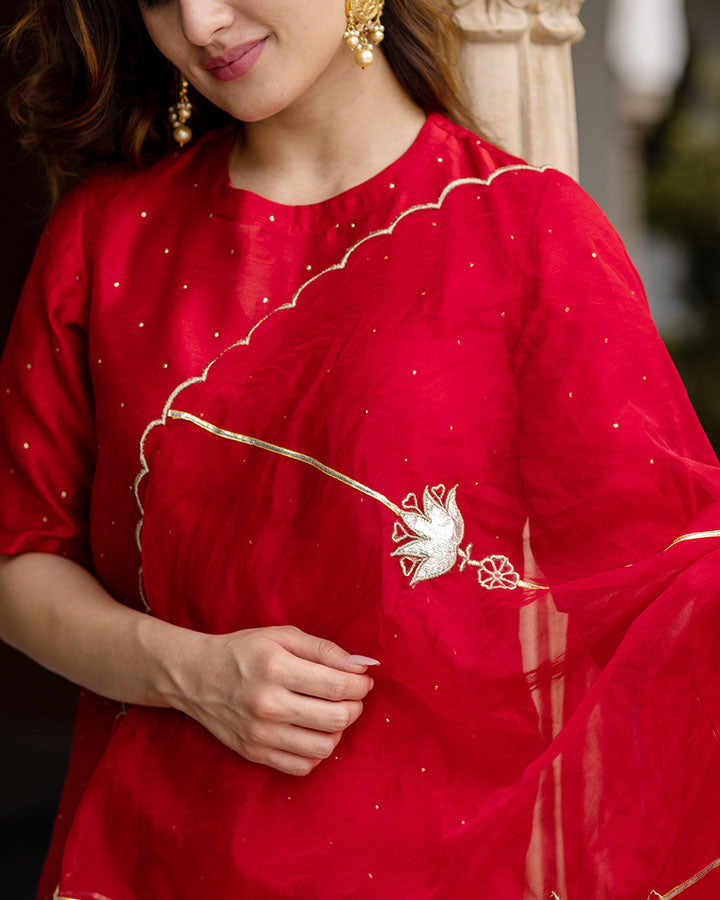 Red Mukaish Chanderi Suit Set
