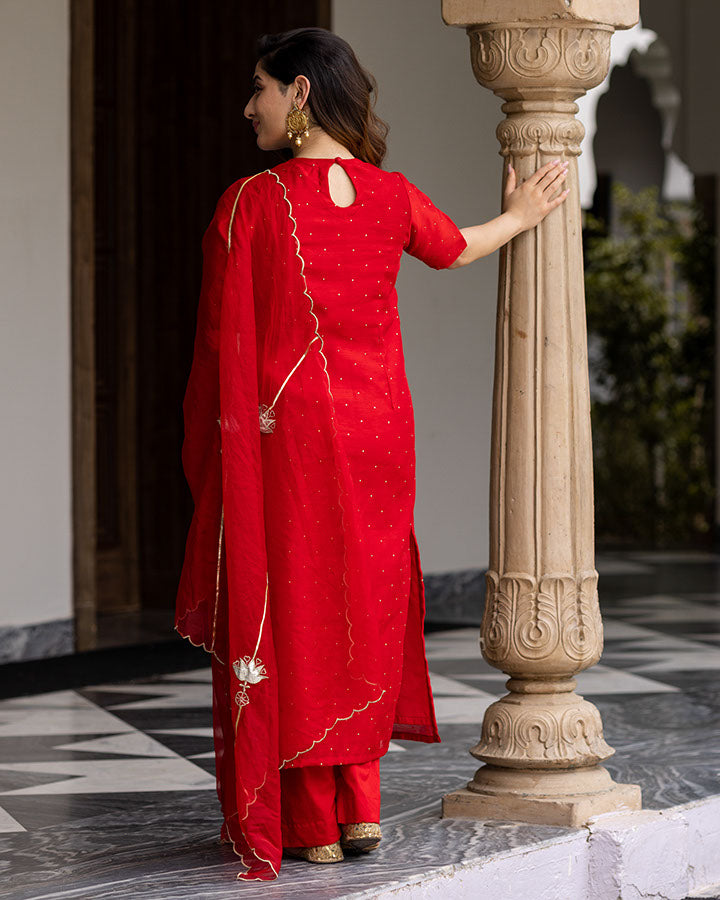 Red Mukaish Chanderi Suit Set