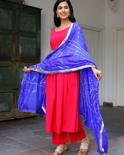 Pink Kurta With Blue Bandhani