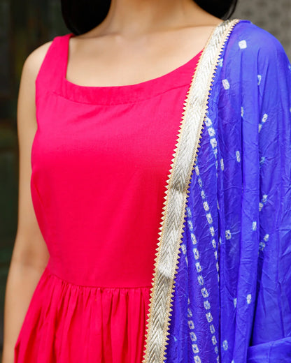 Pink Kurta With Blue Bandhani
