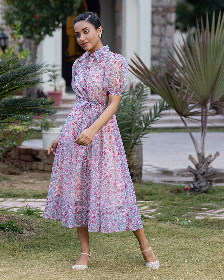 BLOCK PRINT ORGANZA SHIRT DRESS