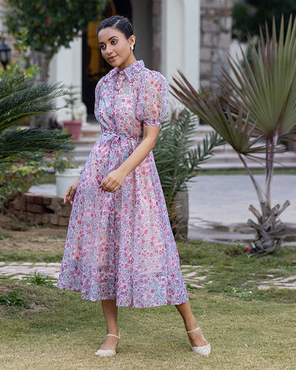 BLOCK PRINT ORGANZA SHIRT DRESS